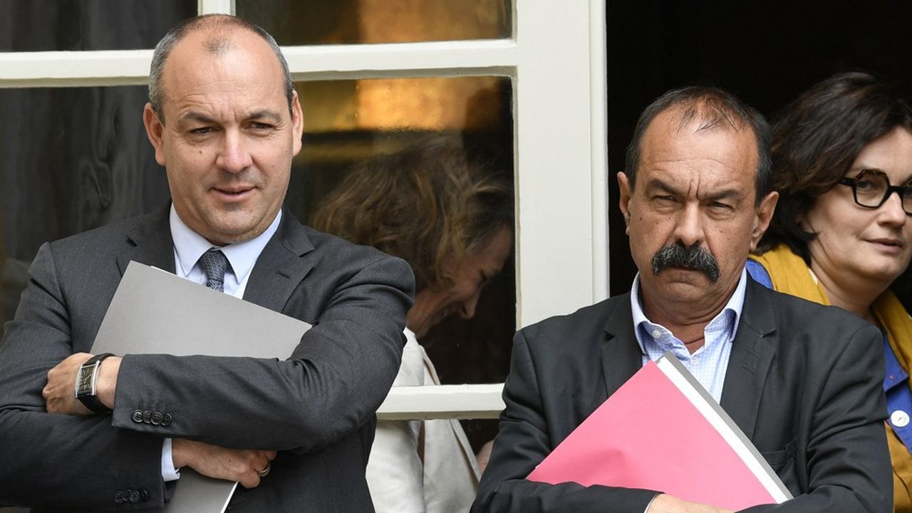 Le secrétaire général de la CFDT, Laurent Berger, et celui de la CGT, Philippe Martinez, à l'issue d'une réunion à l'Elysée.